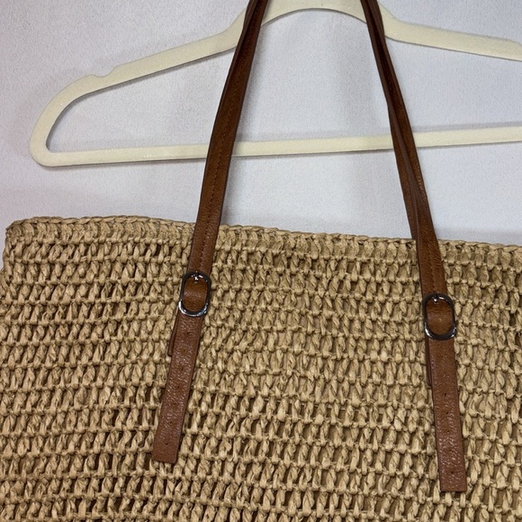 Ellos Zip Top Straw Bag w/Adjustable Straps, Natural Woven Tan Tote Bag - Picture 5 of 7